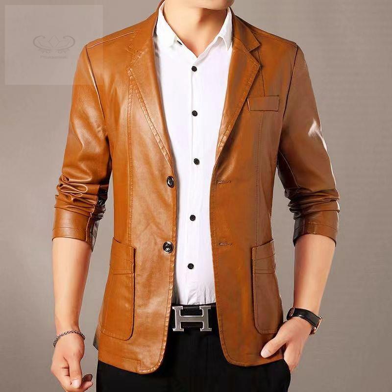 Áo Khoác Da Cổ Vest Dáng Ôm Thời Trang Xuân Thu Cho Nam Giới Trung Niên