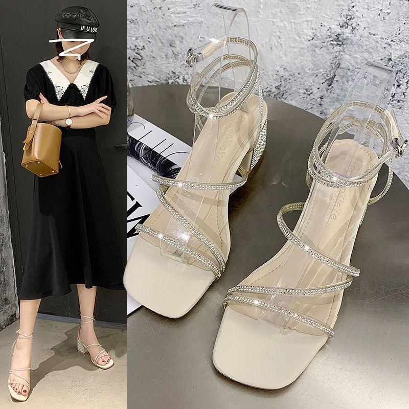 Giày Sandal Gót Dày Đính Đá Thời Trang Hàn Quốc Mới 2021 Cho Nữ Giày Dây Phẳng Kiểu La Mã 2sdvg3f.vn 4.88Mm 2sdvg3f.vn