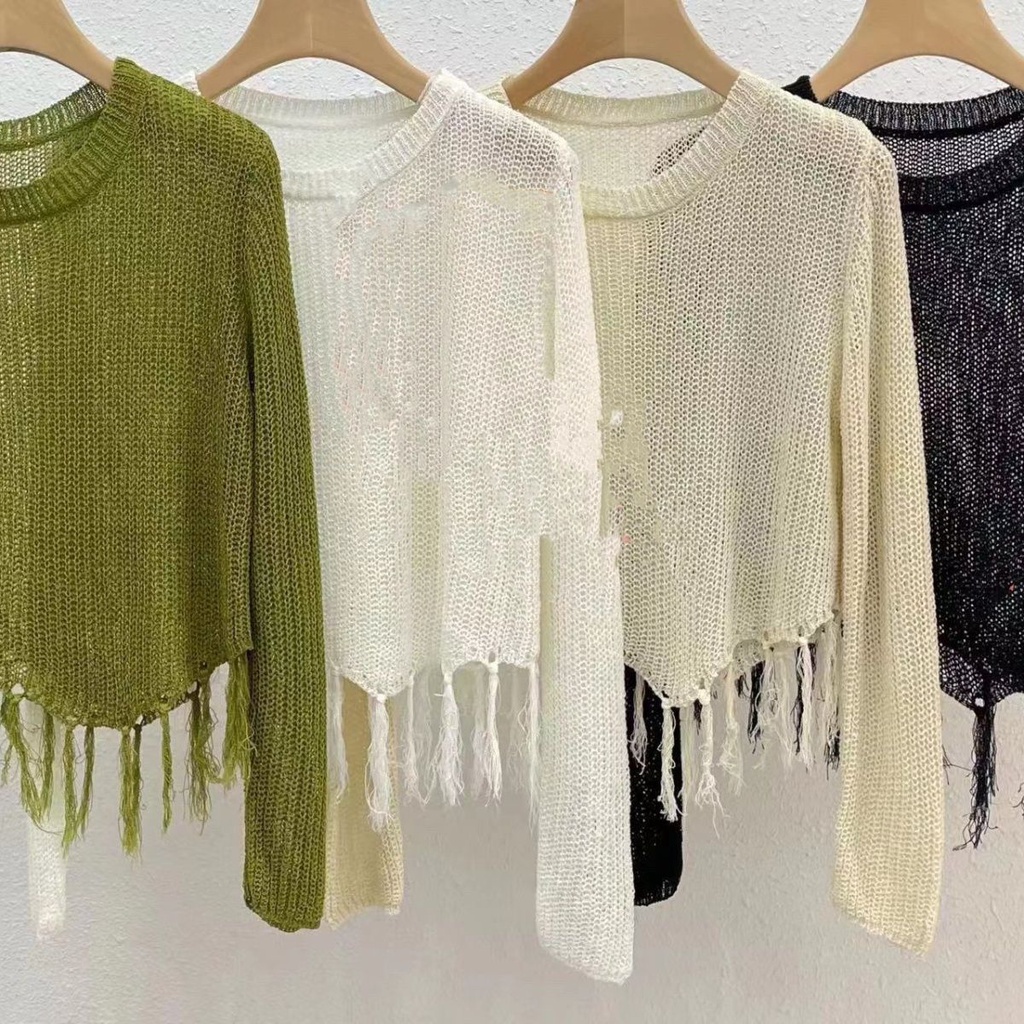 Áo sweater Dệt Kim Tay Dài Dáng Rộng Thiết Kế Tua Rua Phong Cách Hàn Quốc Thời Trang Mới 2023 Dành Cho Bạn Nữ