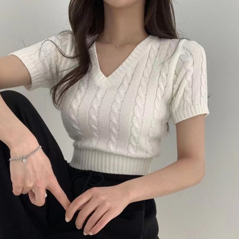 Áo Dệt Kim Tay Ngắn Cổ Chữ V Dáng Ôm Thời Trang Hàn Quốc Dành Cho Nữ
