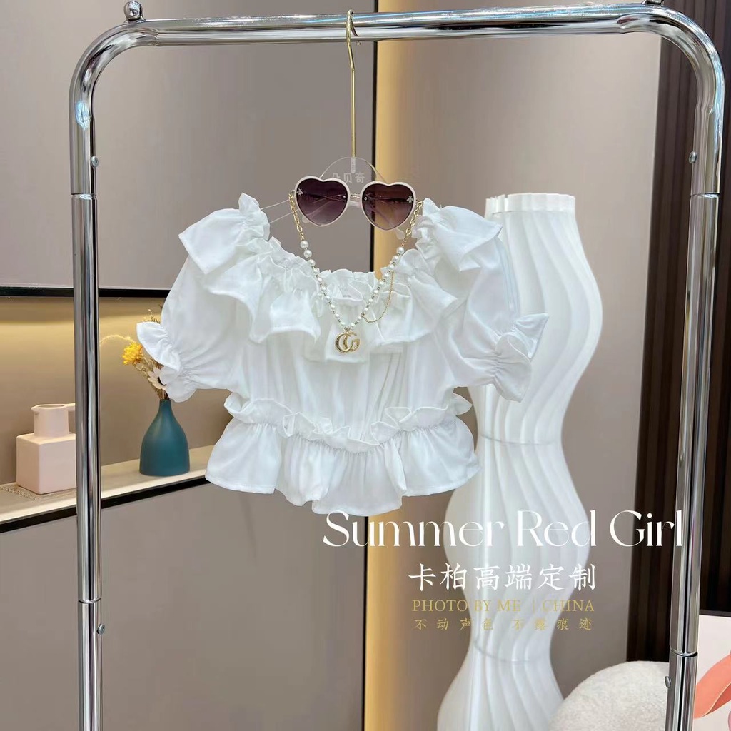 Set Áo Hở Vai Phối Bèo Nhún + Chân Váy Lưới Đính Kim Sa Thời Trang Mùa Hè Cho Nữ