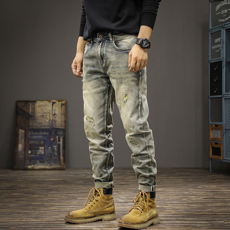 Quần Jean Rách Dáng Ôm Thời Trang Retro Mỹ Cá Tính Cho Nam