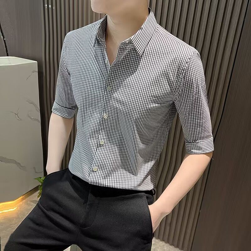 Áo Sơ Mi Nam Tay Ngắn Họa Tiết Caro Phong Cách Hong Kong