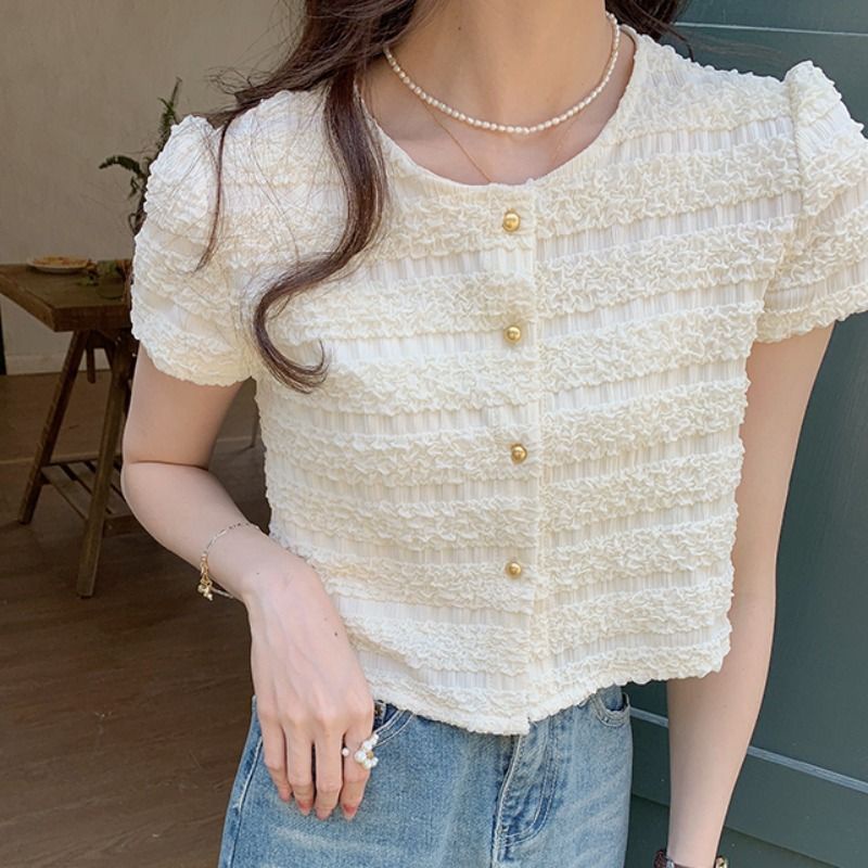 Áo Sơ Mi Tay Phồng Màu Trơn Phong Cách Retro Pháp Thời Trang Mùa Hè Mới Cho Nữ