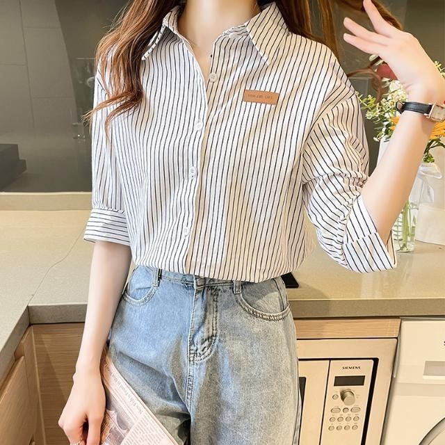 Áo Sơ Mi Ngắn Tay Họa Tiết Kẻ Sọc Thời Trang Mùa Hè Cho Nữ