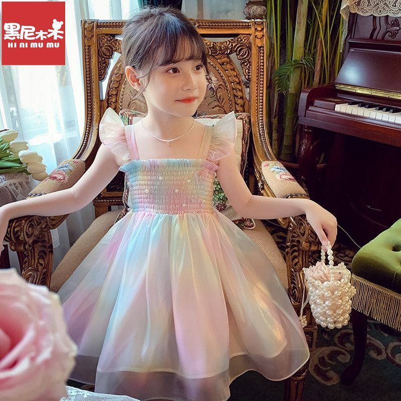 Đầm Công Chúa Mùa Hè Hai Dây Có Cánh Bướm Màu Cầu Vồng Phong Cách Mới Cho Bé Gái