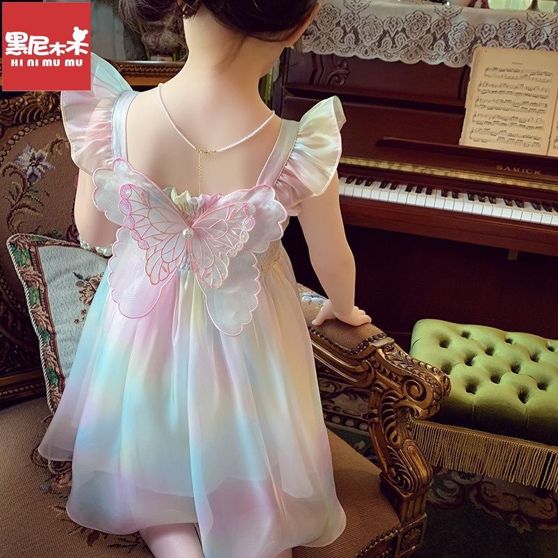 Đầm Công Chúa Mùa Hè Hai Dây Có Cánh Bướm Màu Cầu Vồng Phong Cách Mới Cho Bé Gái