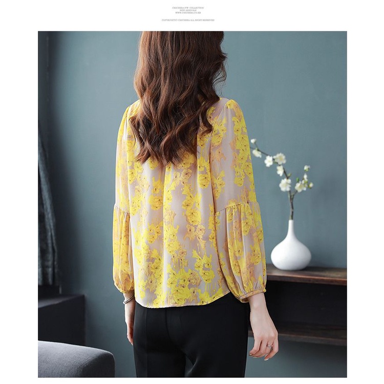 Áo Sơ Mi Voan Hoa Tay Dài Dáng Rộng Che Phủ Bụng Phong Cách Hàn Quốc Dành Cho Nữ