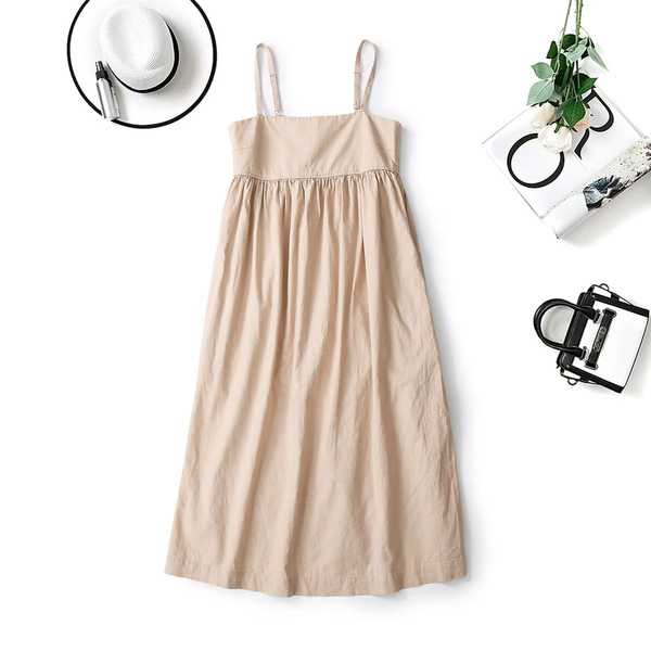 Đầm Hai Dây Xếp Ly Vải Lanh Cotton Pha Gợi Cảm Phong Cách Mới Mùa Hè 2023 Có Túi Cho Nữ458110
