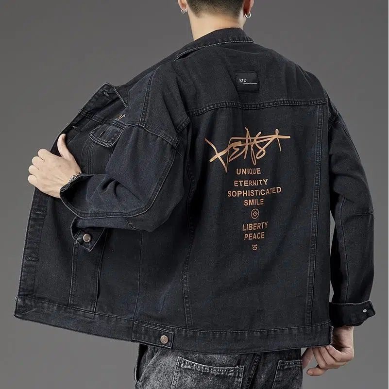 Áo khoác bò kiểu Nhật đẹp trai M-5XL áo jacket thanh niên rộng rãi thương hiệu thời trang nam thêu chữ màu xanh nhạt dễ phối