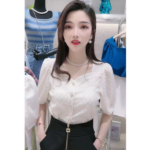 Áo Sơ Mi Tay Ngắn Cổ Vuông Phối Ren Thời Trang Mùa Hè Xinh Xắn Cho Nữ