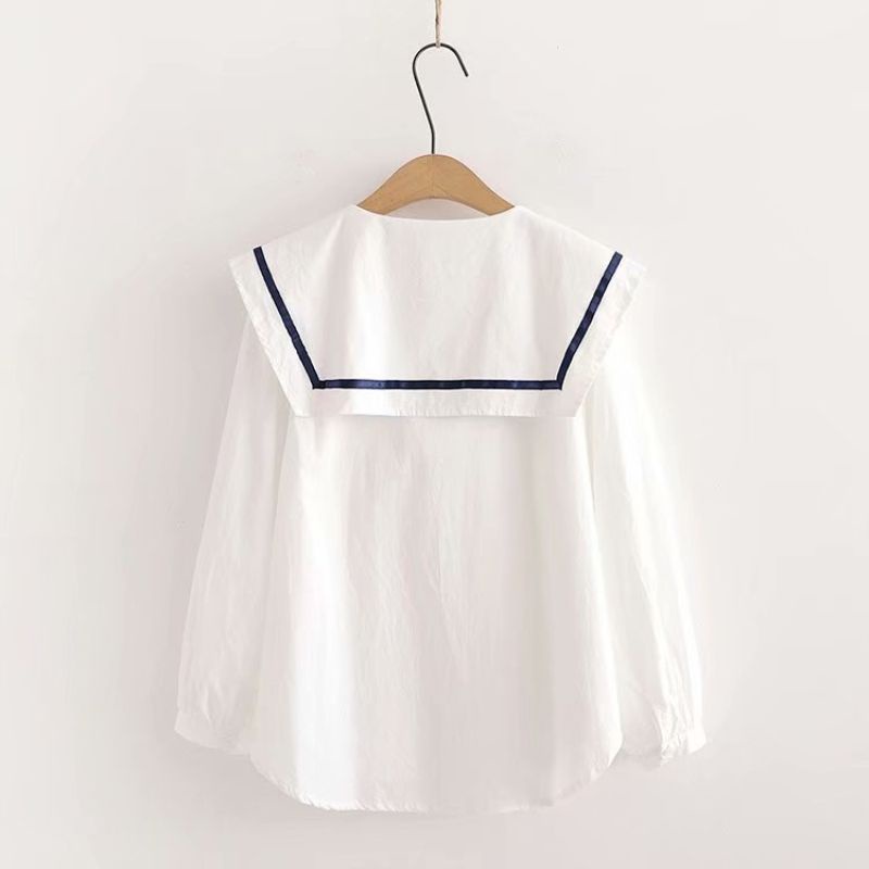 Áo Sơ Mi Thắt Nơ Cổ Thủy Thủ Dáng Rộng Phong Cách Preppy Dễ Phối Đồ Cho Bé Gái