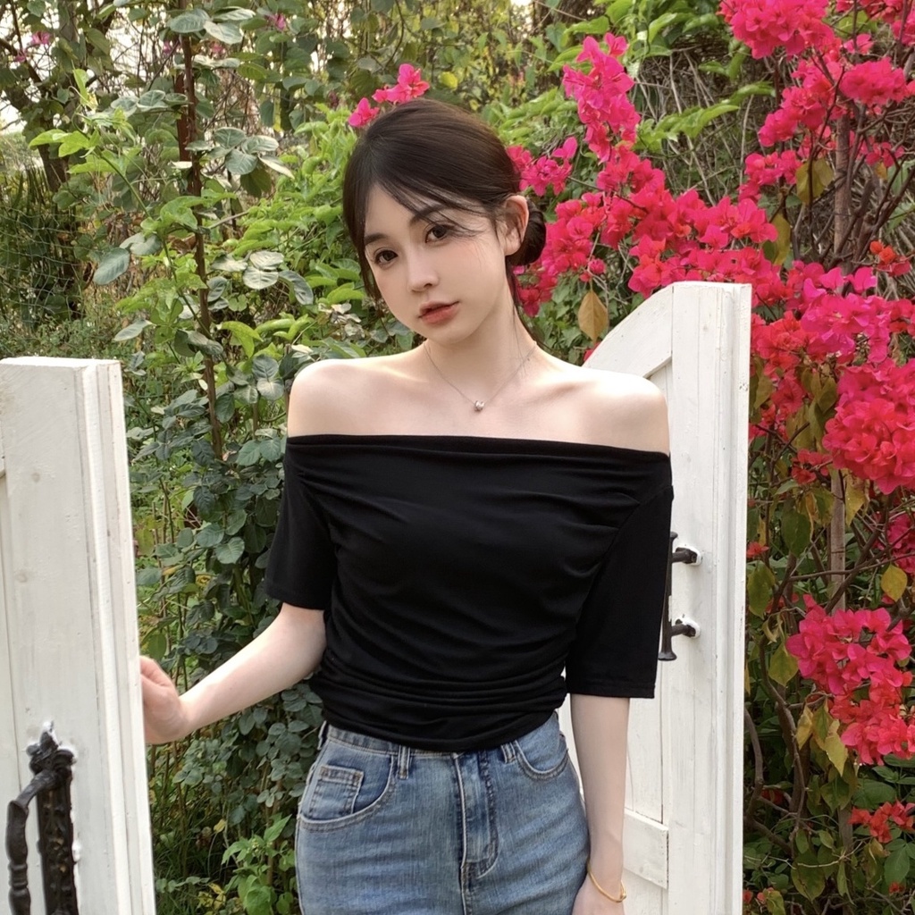 Jiashucheng Áo Thun Ngắn Tay Trễ Vai Ôm Dáng Phong Cách Phương Tây Gợi Cảm Mùa Hè Cho Nữ