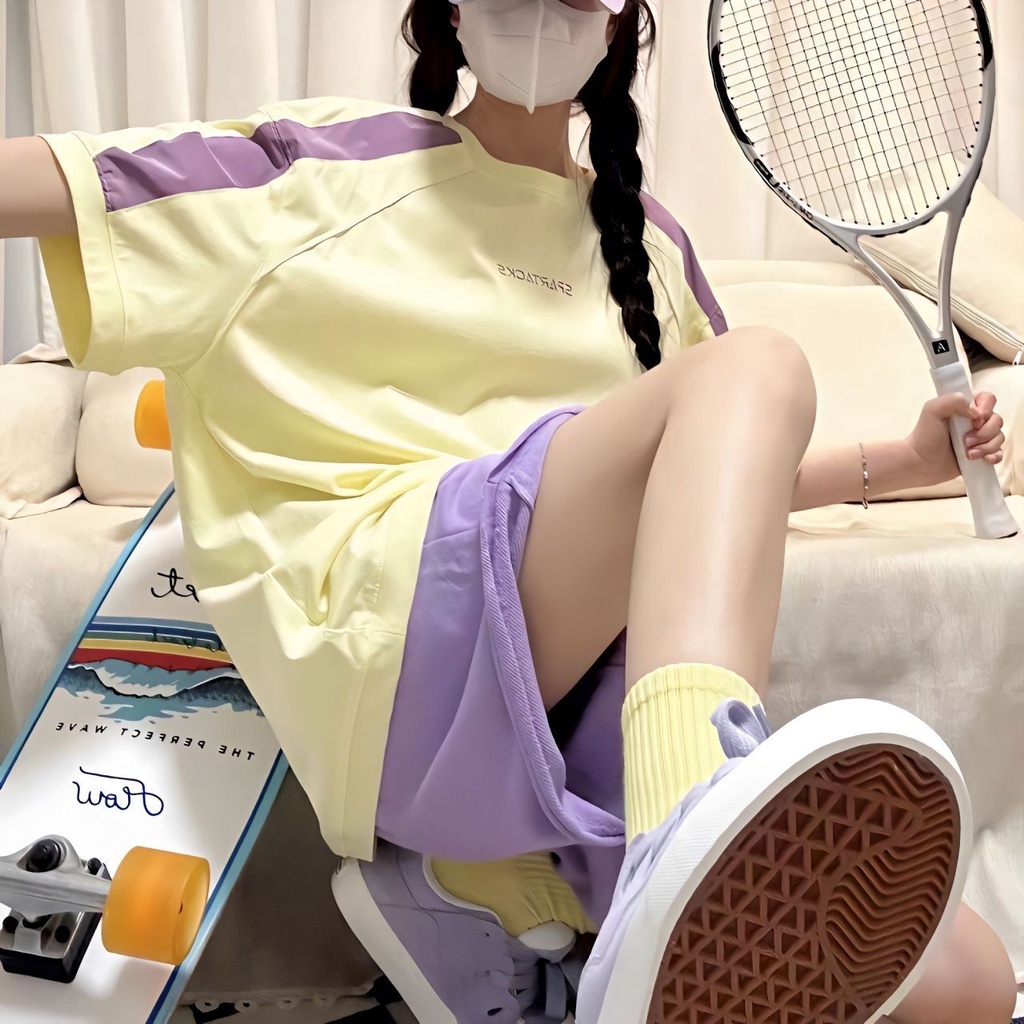 Set Áo Thun Ngắn Tay Form Rộng Phối Màu Dễ Thương Và Quần Short Thời Trang Mùa Hè Cho Nữ