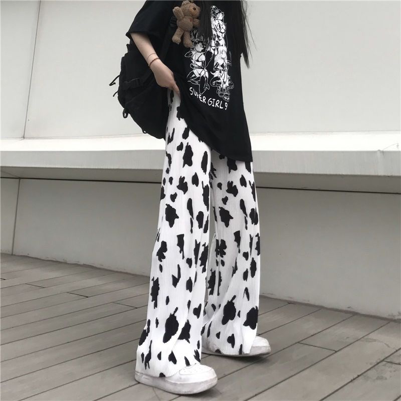 Quần Dài Ống Rộng Lưng Cao Vải Lụa Mát Họa Tiết Bò Sữa Phong Cách Harajuku Đường Phố Thời Trang Mùa Hè Cho Nữ