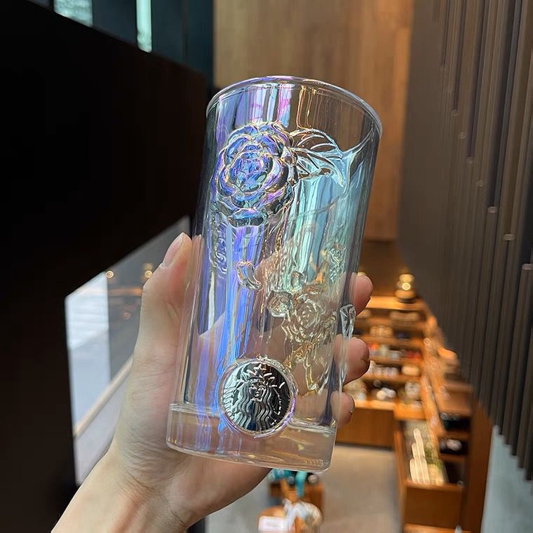 Bán nóng starbucks cup camellia glass đầy màu sắc ba chiều nổi thủy tinh cà phê trong suốt chịu nhiệt độ cao