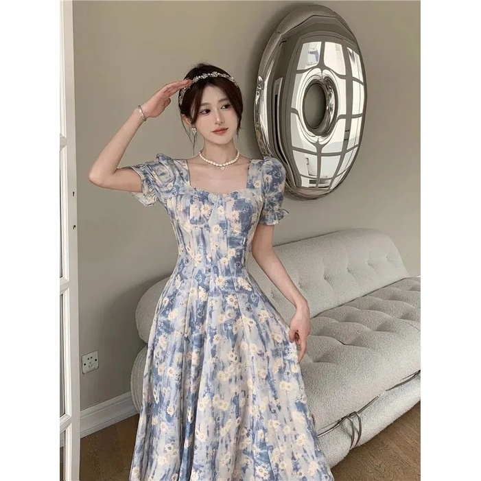Đầm Hoa Cổ Vuông Dáng Dài Chiết Eo Kiểu Retro Pháp Dễ Thương