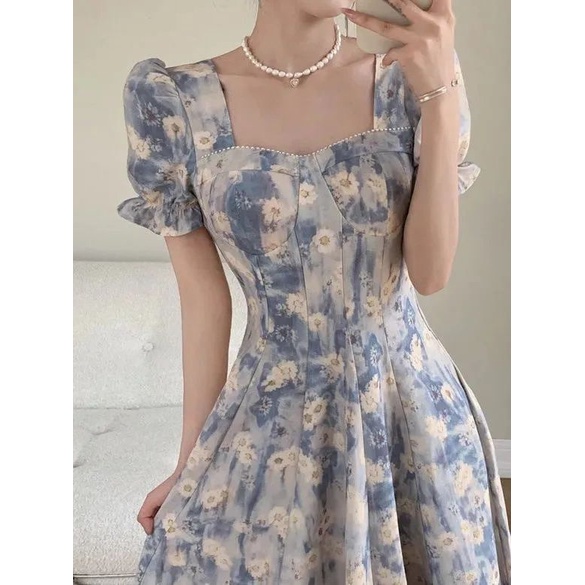 Đầm Hoa Cổ Vuông Dáng Dài Chiết Eo Kiểu Retro Pháp Dễ Thương