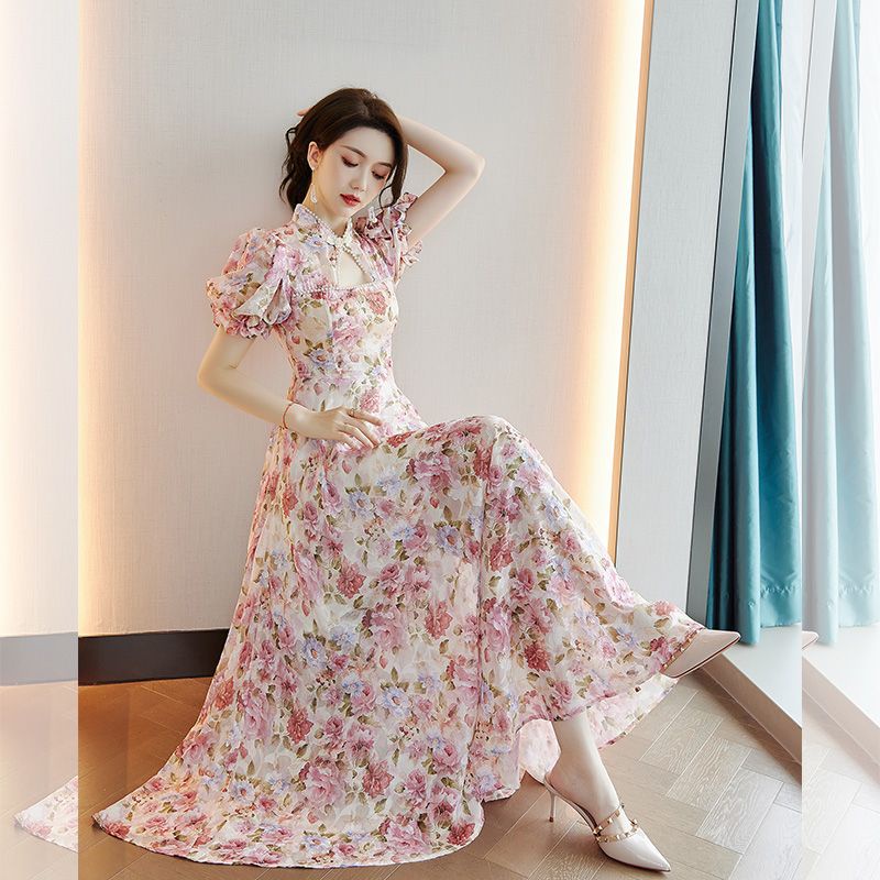 Đầm Sườn Xám Cách Tân Tay Phồng Dáng Ôm In Họa Tiết Hoa Phong Cách Trung Quốc Thời Trang Mới 2023 8.23