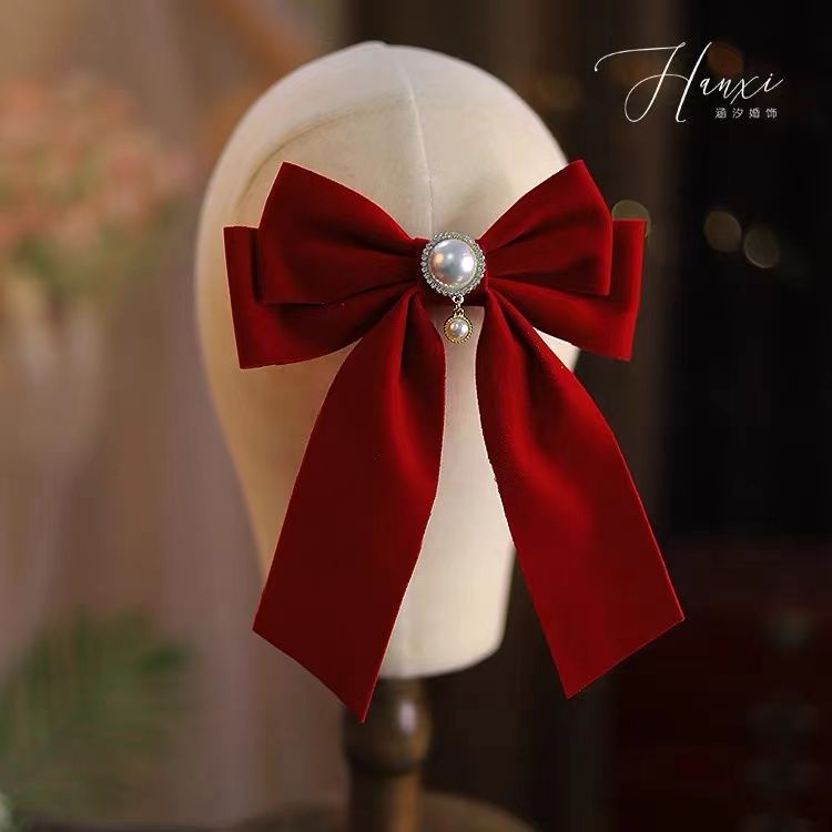 Trâm Cài Tóc Hình Nơ Vải Nhung Màu Đỏ Rượu Vang Phong Cách Trung Hoa Cho Cô Dâu