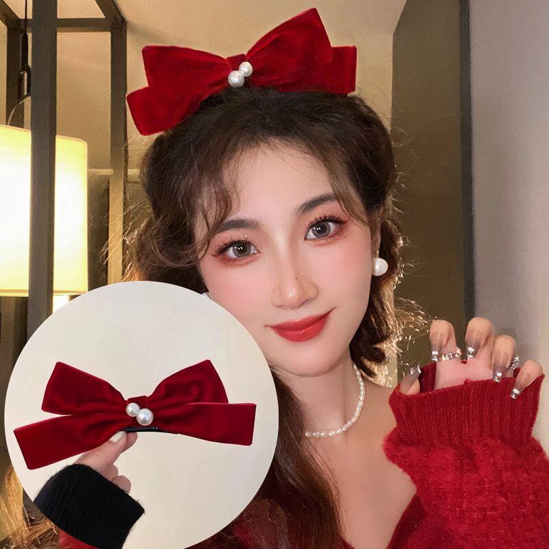 Trâm Cài Tóc Hình Nơ Vải Nhung Màu Đỏ Rượu Vang Phong Cách Trung Hoa Cho Cô Dâu