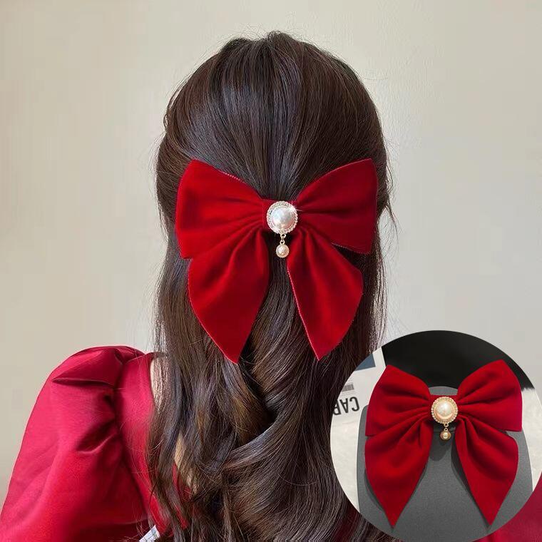 Trâm Cài Tóc Hình Nơ Vải Nhung Màu Đỏ Rượu Vang Phong Cách Trung Hoa Cho Cô Dâu