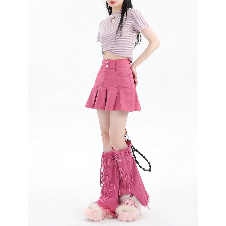 Set Áo Thun Và Chân Váy denim Hồng dopamine Phong Cách Mỹ y2k Cho Nữ