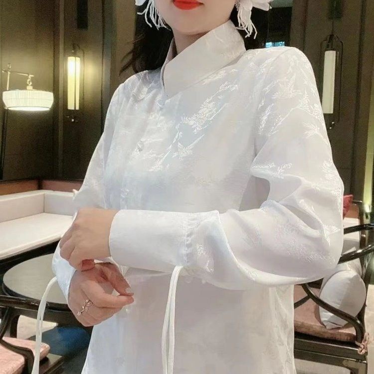 Áo Sơ Mi Tay Dài Cổ Đứng Cài Nút Phong Cách Trung Hoa Cổ Điển Thời Trang Mùa Xuân Cho Nữ