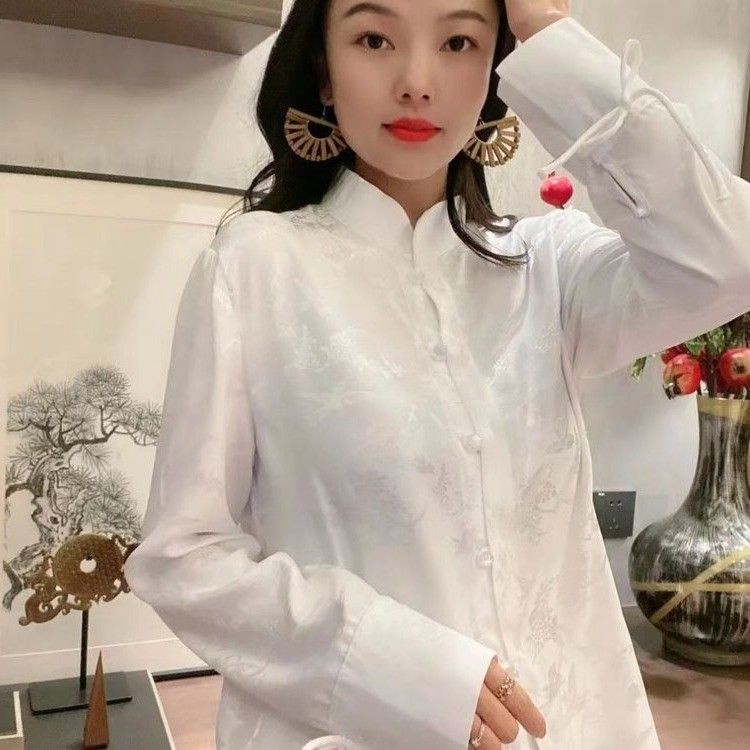 Áo Sơ Mi Tay Dài Cổ Đứng Cài Nút Phong Cách Trung Hoa Cổ Điển Thời Trang Mùa Xuân Cho Nữ