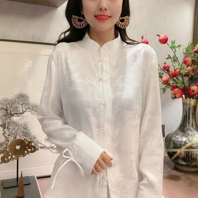Áo Sơ Mi Tay Dài Cổ Đứng Cài Nút Phong Cách Trung Hoa Cổ Điển Thời Trang Mùa Xuân Cho Nữ
