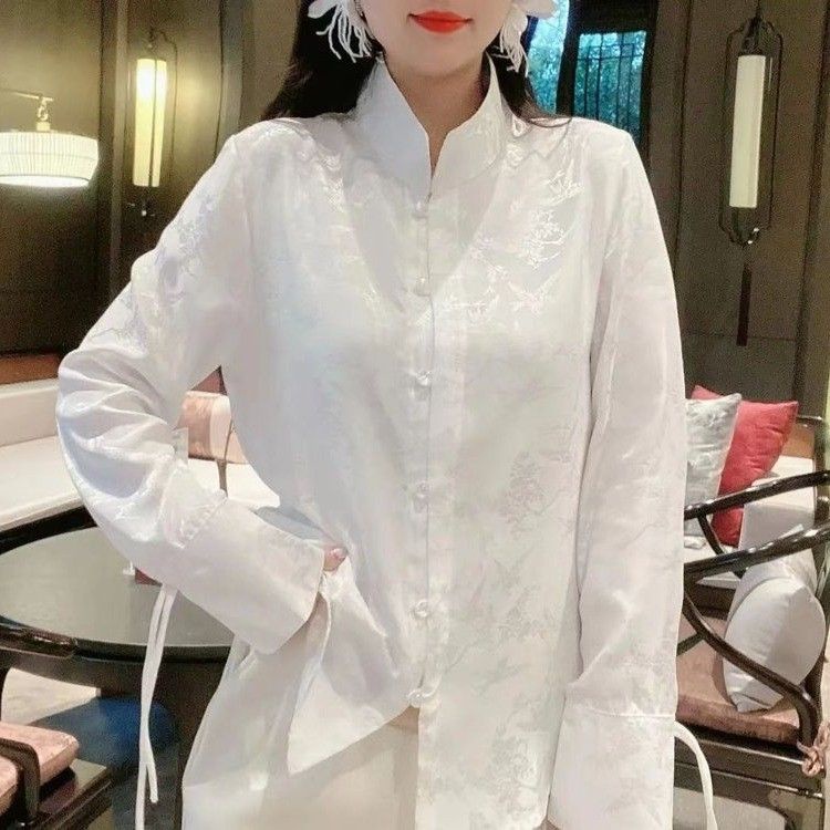 Áo Sơ Mi Tay Dài Cổ Đứng Cài Nút Phong Cách Trung Hoa Cổ Điển Thời Trang Mùa Xuân Cho Nữ