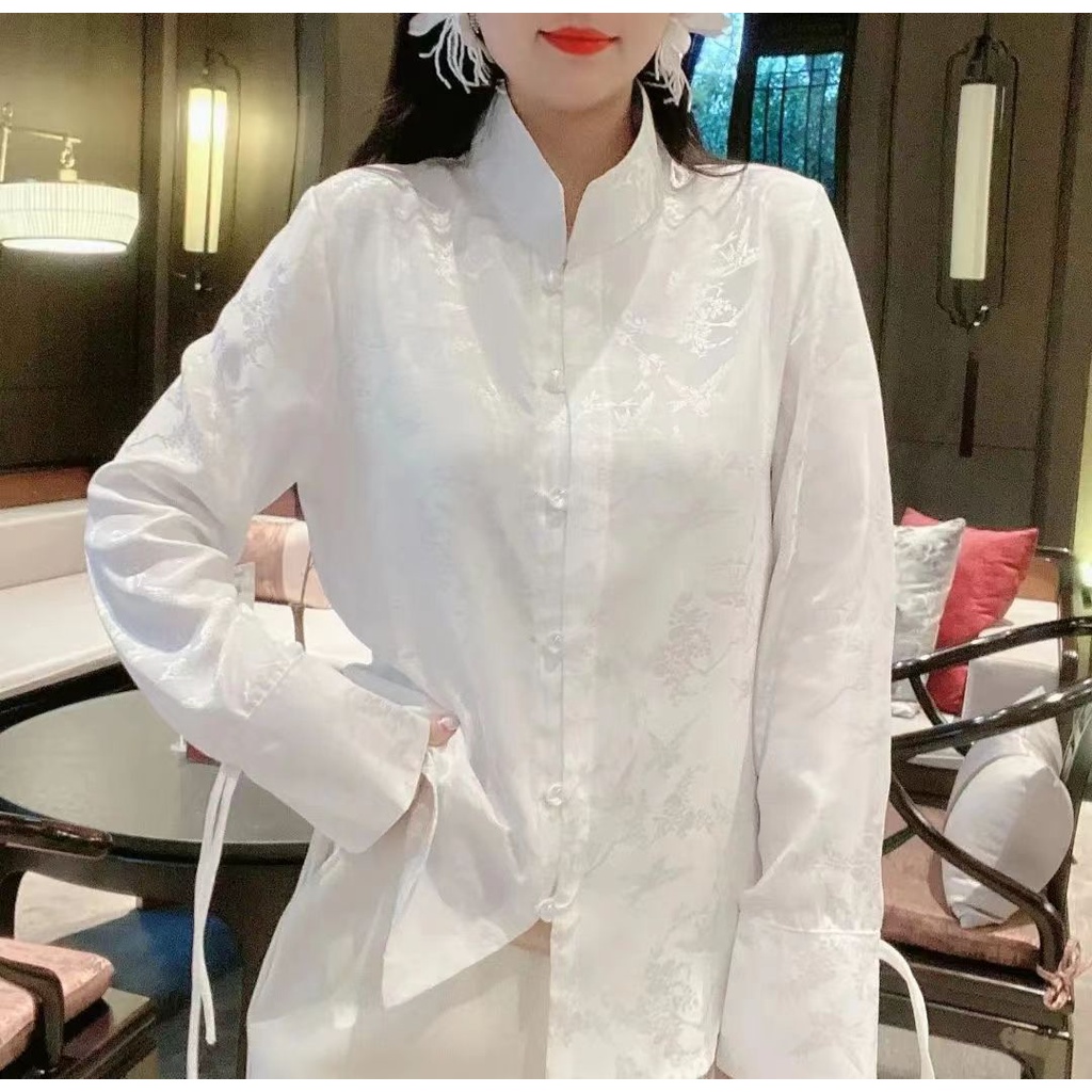 Áo Sơ Mi Tay Dài Cổ Đứng Cài Nút Phong Cách Trung Hoa Cổ Điển Thời Trang Mùa Xuân Cho Nữ