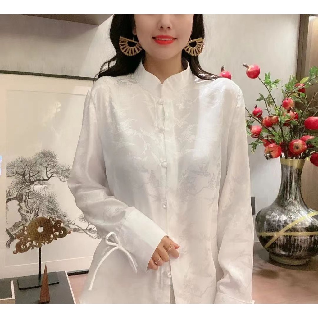 Áo Sơ Mi Tay Dài Cổ Đứng Cài Nút Phong Cách Trung Hoa Cổ Điển Thời Trang Mùa Xuân Cho Nữ