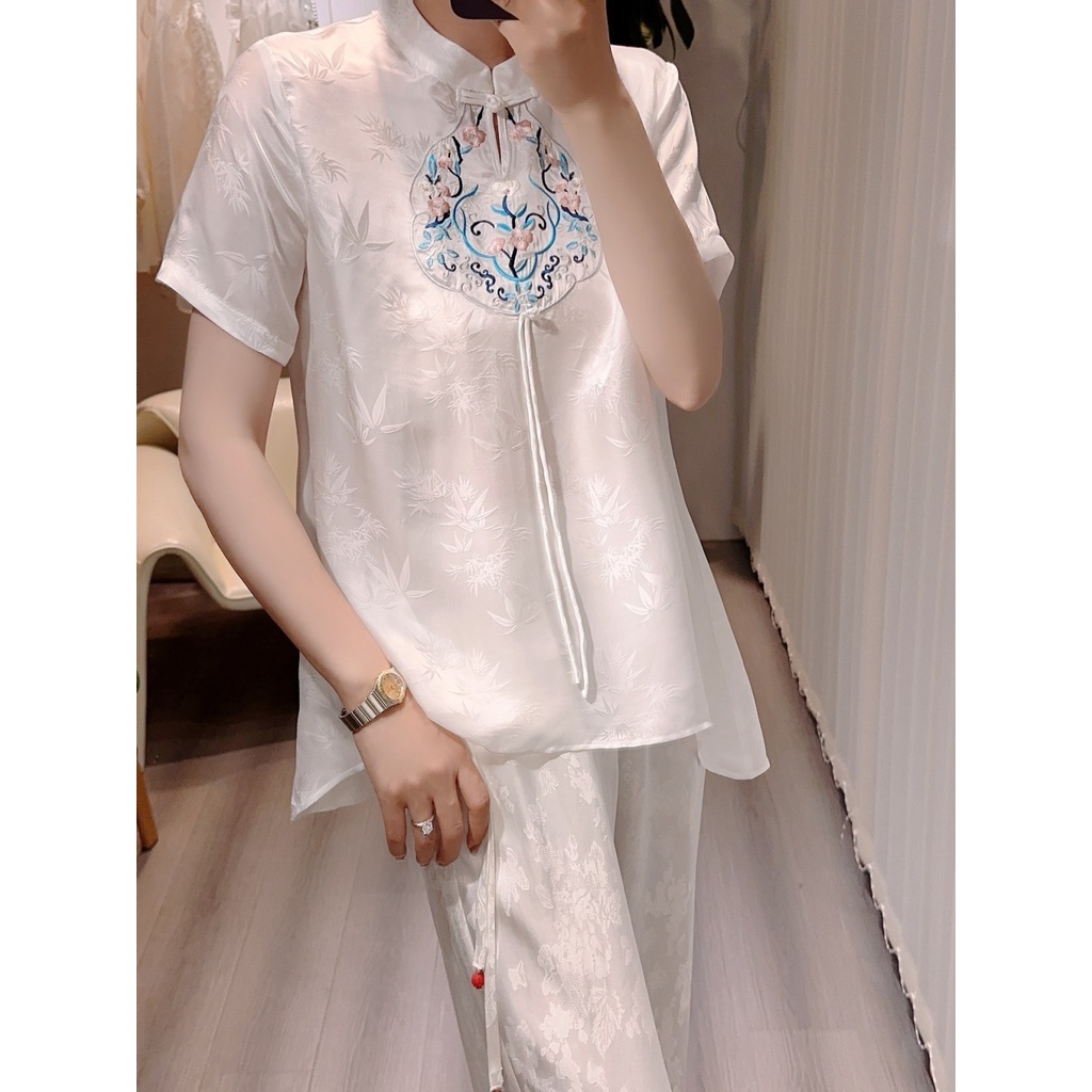 Áo Sơ Mi Lụa jacquard Ngắn Tay Thêu Họa Tiết Phong Cách Trung Hoa Mới Mùa Hè 2023