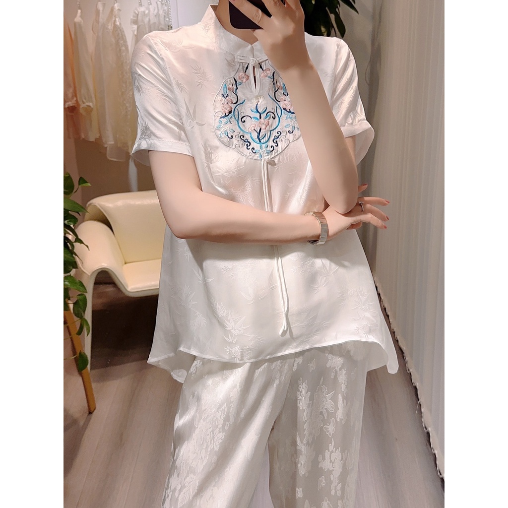 Áo Sơ Mi Lụa jacquard Ngắn Tay Thêu Họa Tiết Phong Cách Trung Hoa Mới Mùa Hè 2023