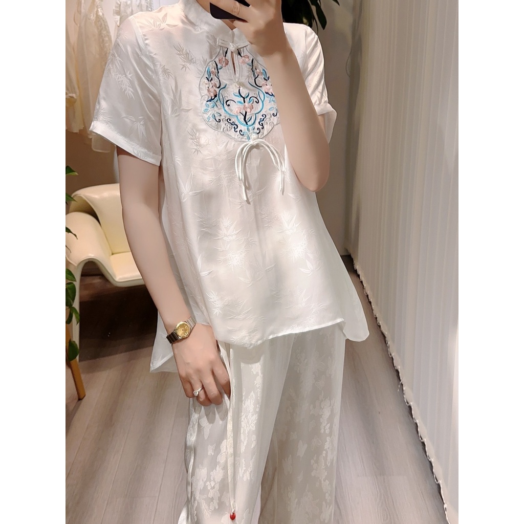 Áo Sơ Mi Lụa jacquard Ngắn Tay Thêu Họa Tiết Phong Cách Trung Hoa Mới Mùa Hè 2023