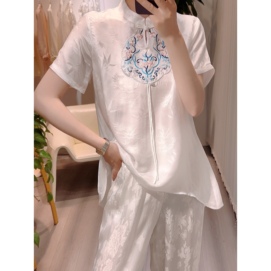 Áo Sơ Mi Lụa jacquard Ngắn Tay Thêu Họa Tiết Phong Cách Trung Hoa Mới Mùa Hè 2023