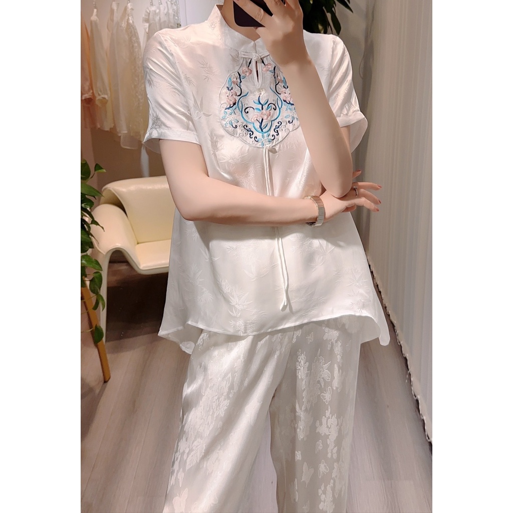 Áo Sơ Mi Lụa jacquard Ngắn Tay Thêu Họa Tiết Phong Cách Trung Hoa Mới Mùa Hè 2023