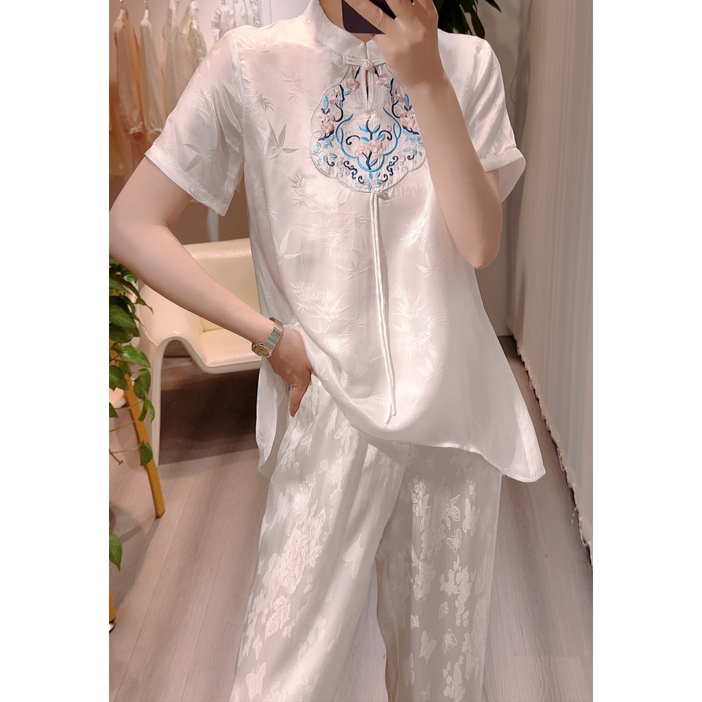 Áo Sơ Mi Lụa jacquard Ngắn Tay Thêu Họa Tiết Phong Cách Trung Hoa Mới Mùa Hè 2023