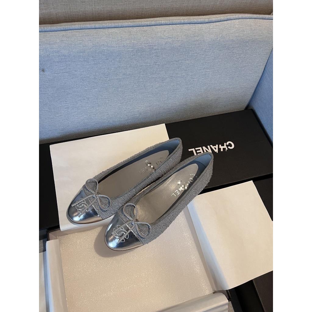 Giày Búp Bê Đế Bằng Đính Nơ Bằng Vải Len Mây Xám 1587