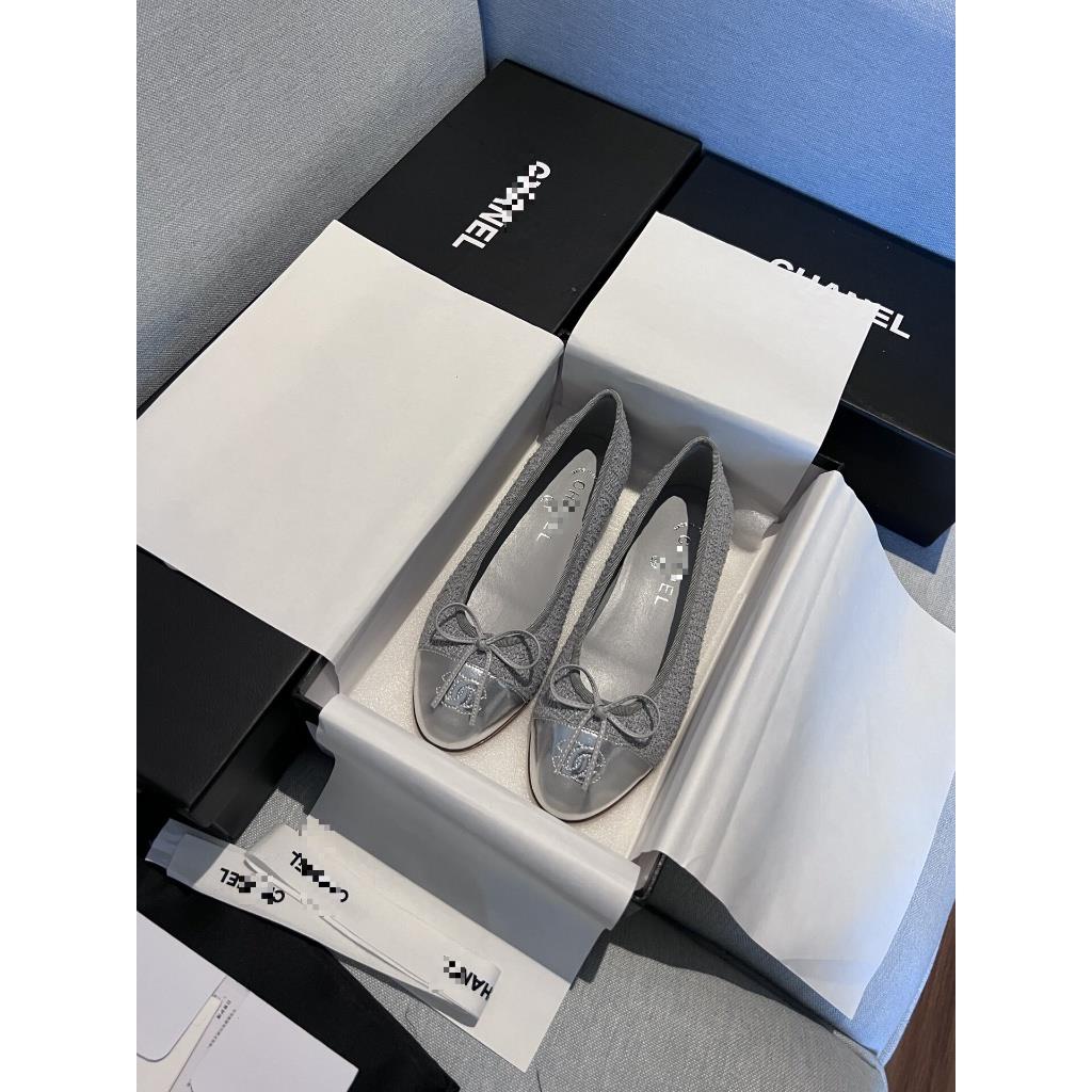 Giày Búp Bê Đế Bằng Đính Nơ Bằng Vải Len Mây Xám 1587