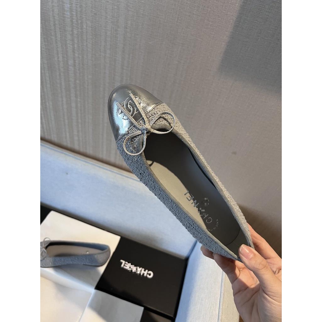 Giày Búp Bê Đế Bằng Đính Nơ Bằng Vải Len Mây Xám 1587