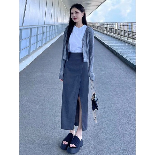 Set Áo Thun Tay Ngắn + Chân Váy Lưng Cao Xẻ Tà Phong Cách Hàn Quốc Thời Trang Cho Nữ