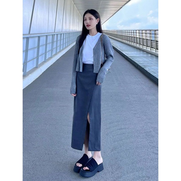 Set Áo Thun Tay Ngắn + Chân Váy Lưng Cao Xẻ Tà Phong Cách Hàn Quốc Thời Trang Cho Nữ