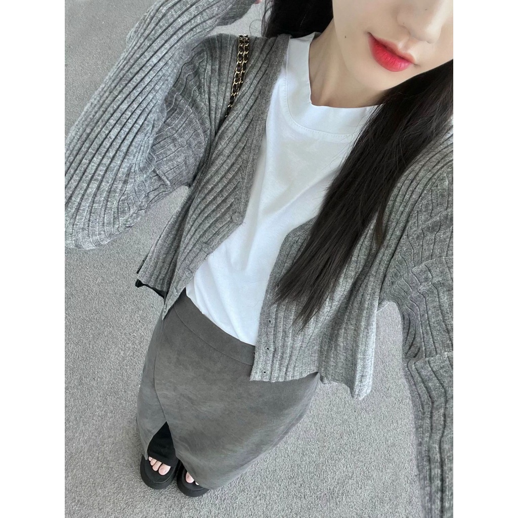 Set Áo Thun Tay Ngắn + Chân Váy Lưng Cao Xẻ Tà Phong Cách Hàn Quốc Thời Trang Cho Nữ