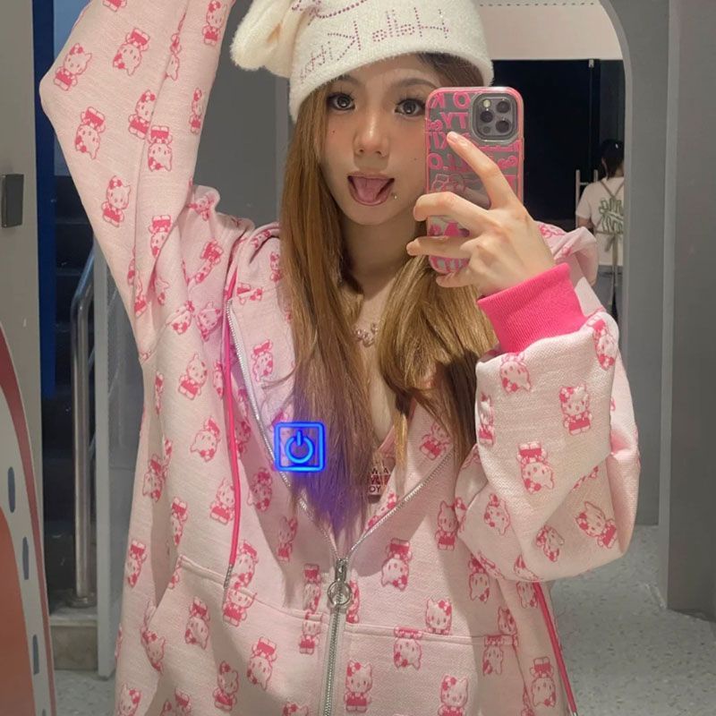 Y2k Áo Khoác Hoodie Dáng Rộng Eo Thấp Hình Mèo kitty Màu Hồng Dễ Thương Cho Bé Gái