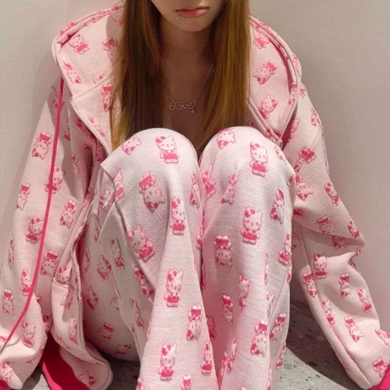 Y2k Áo Khoác Hoodie Dáng Rộng Eo Thấp Hình Mèo kitty Màu Hồng Dễ Thương Cho Bé Gái