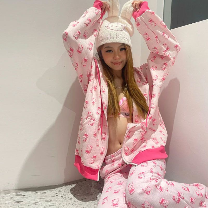 Y2k Áo Khoác Hoodie Dáng Rộng Eo Thấp Hình Mèo kitty Màu Hồng Dễ Thương Cho Bé Gái