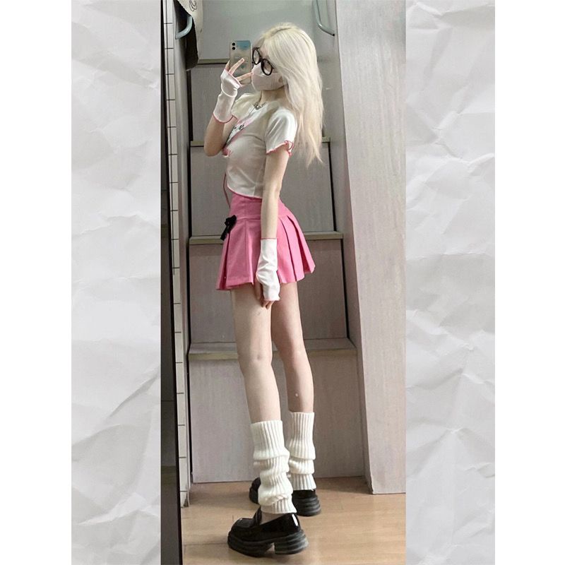 Set Áo Thun Dài Tay In Hình Cô Gái Và Chân Váy Hồng Xinh Xắn y2k slimmer
