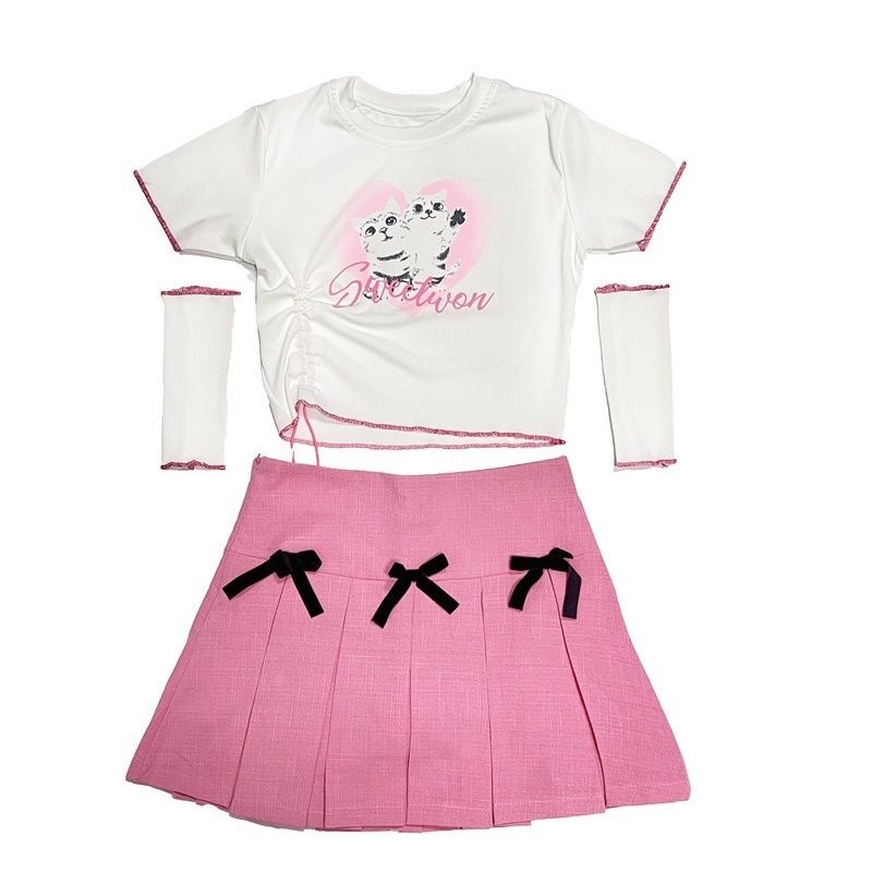 Set Áo Thun Dài Tay In Hình Cô Gái Và Chân Váy Hồng Xinh Xắn y2k slimmer
